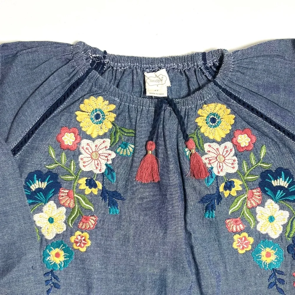 Mud Pie Chambray Embroidered Floral Denim Dress